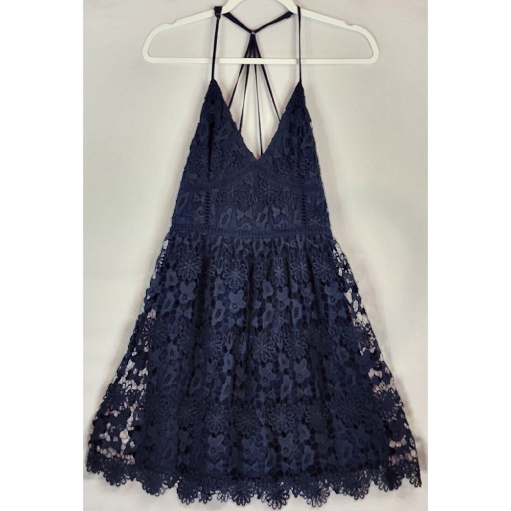Hollister Dress Womens Juniors Small Blue Floral Crochet Pattern V Neck Mini